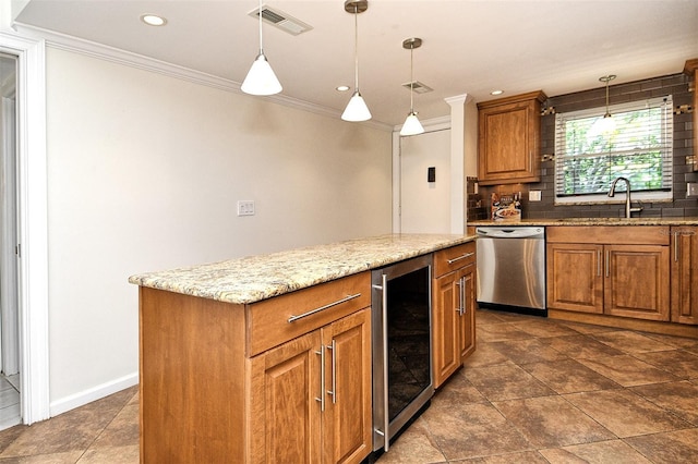 3985 Maceachen Blvd Unit 224, Sarasota, FL 34233 - kitchen with stainless steel dishwasher, wine cooler, crown molding, backsplash, and brown cabinets