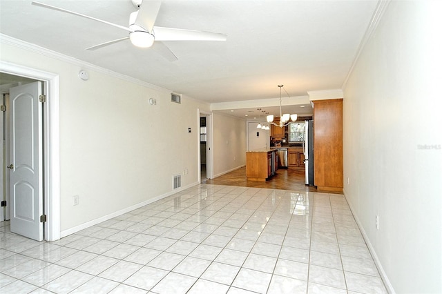 3985 Maceachen Blvd Unit 224, Sarasota, FL 34233 - unfurnished living room featuring ornamental molding, a chandelier, ceiling fan, and light tile patterned flooring
