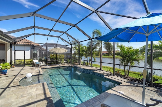 5469 Lampiasi St, Sarasota, FL 34238 - swimming pool featuring a water view, a patio, and glass enclosure