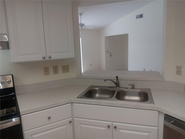 4154 Center Pointe Cir Unit 57A, Sarasota, FL 34233 - kitchen featuring electric stove, stainless steel dishwasher, a ceiling fan, white cabinetry, and light countertops