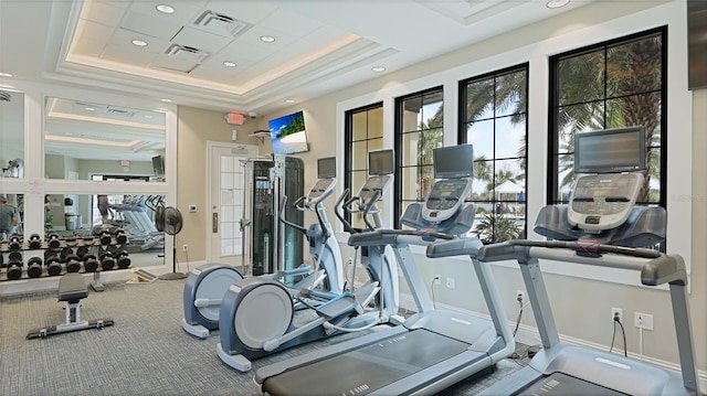 5327 Olano St, Palmetto, FL 34221 - workout area with a raised ceiling, recessed lighting, and carpet flooring