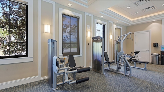 5327 Olano St, Palmetto, FL 34221 - workout room featuring dark carpet, a tray ceiling, and recessed lighting