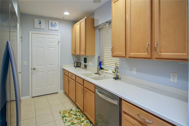4026 Overture Cir Unit 487, Bradenton, FL 34209 - kitchen with stainless steel dishwasher, refrigerator, light tile patterned floors, light countertops, and recessed lighting