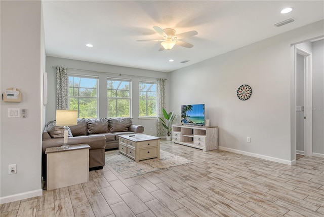 11625 Renaissance Blvd, Venice, FL 34293 - living room featuring ceiling fan, light wood finished floors, and recessed lighting