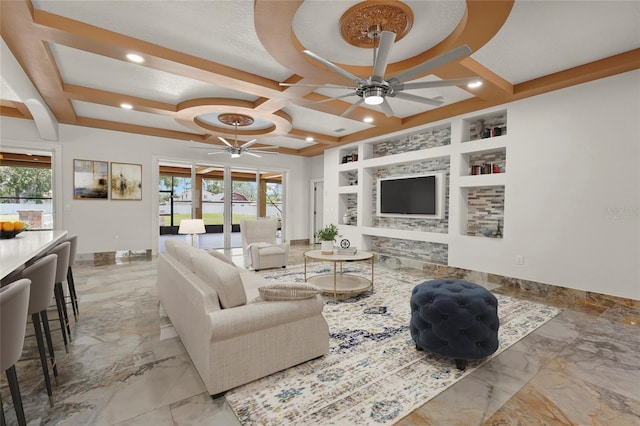 5714 38th Ave E, Bradenton, FL 34208 - living area with a ceiling fan, coffered ceiling, built in features, light marble finish floors, and recessed lighting