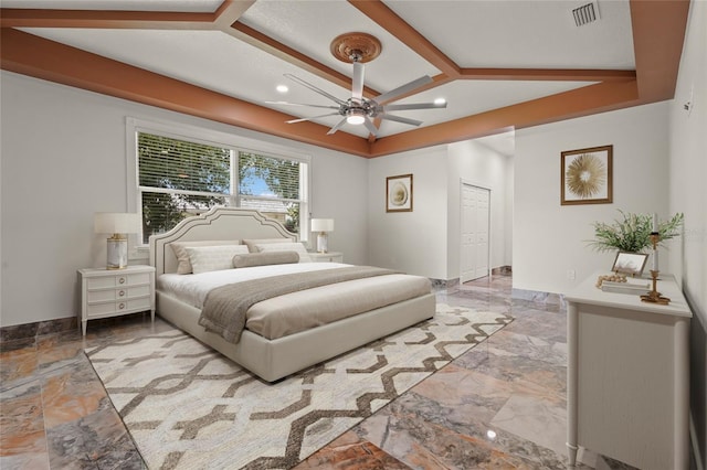 5714 38th Ave E, Bradenton, FL 34208 - bedroom with recessed lighting, marble tiled flooring, and a ceiling fan