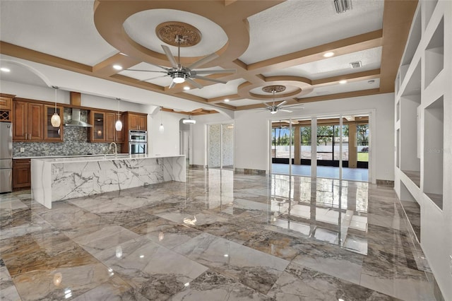 5714 38th Ave E, Bradenton, FL 34208 - unfurnished living room featuring a ceiling fan, coffered ceiling, light marble finish flooring, french doors, and beam ceiling