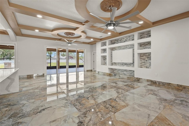 5714 38th Ave E, Bradenton, FL 34208 - unfurnished living room with ceiling fan, coffered ceiling, marble tiled floors, and beam ceiling