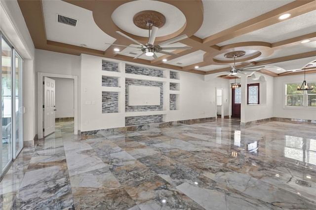 5714 38th Ave E, Bradenton, FL 34208 - unfurnished living room with a ceiling fan, a chandelier, coffered ceiling, marble tiled floors, and recessed lighting
