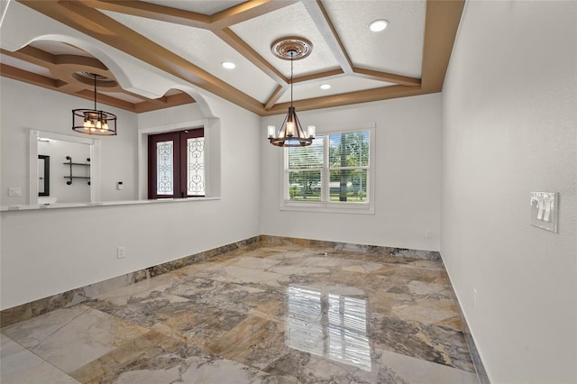 5714 38th Ave E, Bradenton, FL 34208 - unfurnished room featuring a chandelier, arched walkways, recessed lighting, and marble finish floors