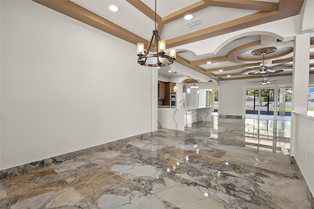 5714 38th Ave E, Bradenton, FL 34208 - unfurnished dining area featuring ceiling fan, marble tiled floors, recessed lighting, a chandelier, and coffered ceiling