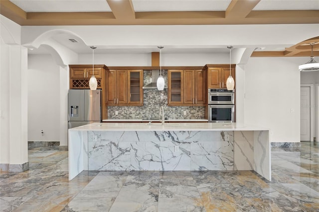 5714 38th Ave E, Bradenton, FL 34208 - kitchen featuring stainless steel appliances, brown cabinets, wall chimney exhaust hood, light marble finish flooring, and coffered ceiling