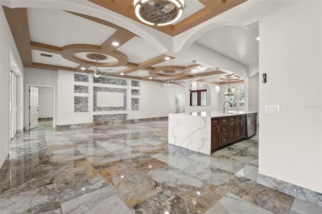 5714 38th Ave E, Bradenton, FL 34208 - kitchen featuring ceiling fan, dishwasher, light marble finish flooring, coffered ceiling, and a chandelier