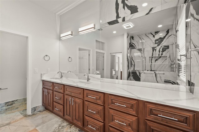 5714 38th Ave E, Bradenton, FL 34208 - bathroom featuring double vanity, a marble finish shower, and marble finish flooring