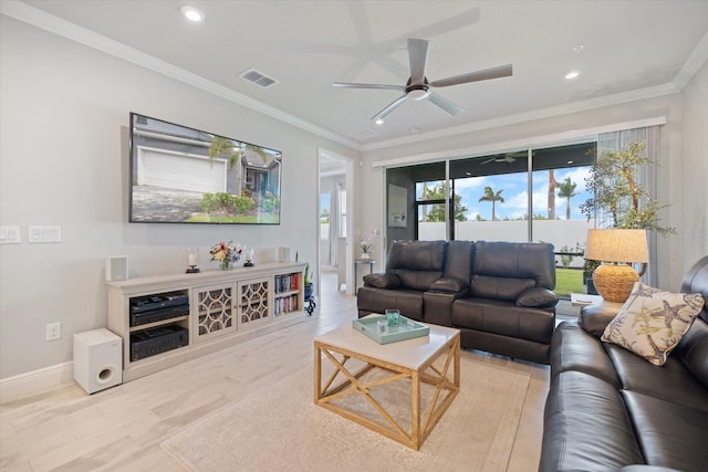 12349 Asana Ct, Venice, FL 34293 - living area featuring a ceiling fan, light wood-style floors, ornamental molding, and recessed lighting