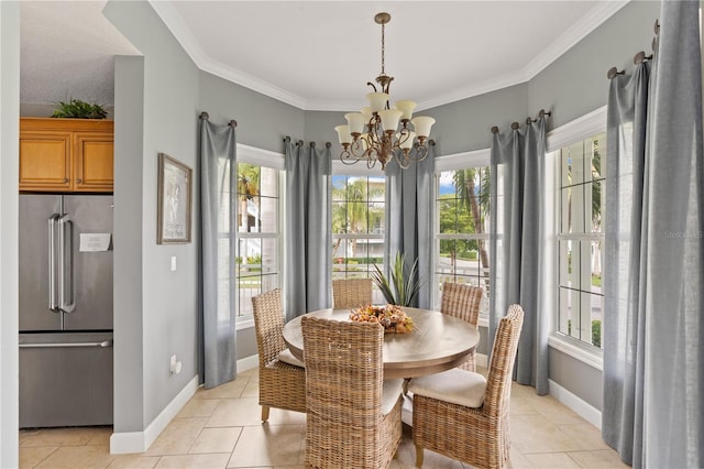 7611 34th Ave W Unit 301, Bradenton, FL 34209 - dining space with a chandelier, light tile patterned floors, and crown molding
