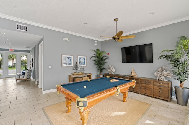 7611 34th Ave W Unit 301, Bradenton, FL 34209 - rec room with ceiling fan, billiards table, crown molding, french doors, and light tile patterned floors