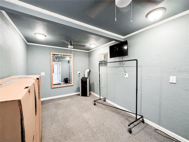 25640 State Road 70 E, Myakka City, FL 34251 - workout room with carpet flooring, ornamental molding, a textured wall, a wall mounted AC, and ceiling fan