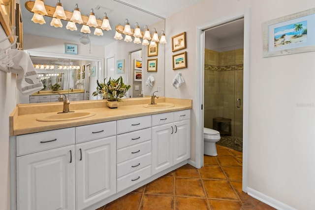 8703 53rd Ave W, Bradenton, FL 34210 - full bathroom featuring double vanity, a shower stall, and tile patterned flooring