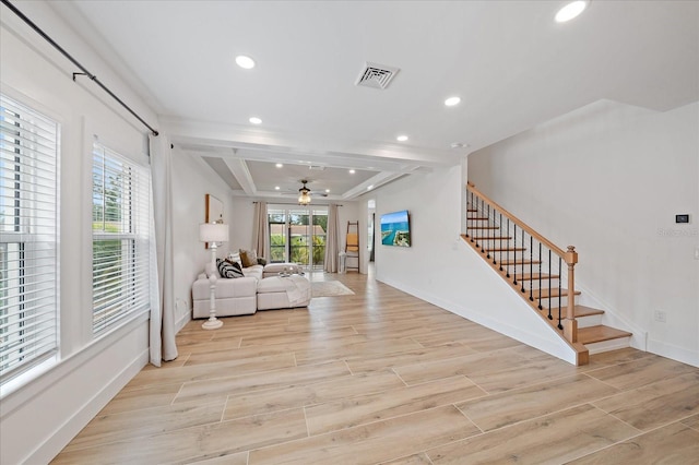 1876 Livingstone St, Sarasota, FL 34231 - living area featuring recessed lighting, stairway, light wood-type flooring, and ceiling fan