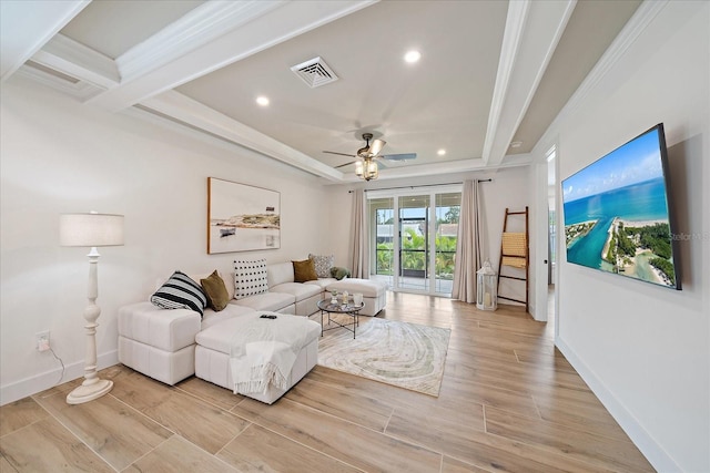 1876 Livingstone St, Sarasota, FL 34231 - living room featuring recessed lighting, light wood-type flooring, ceiling fan, beam ceiling, and ornamental molding