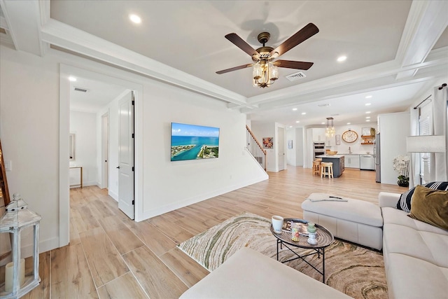 1876 Livingstone St, Sarasota, FL 34231 - living room with stairs, ceiling fan, light wood-type flooring, and recessed lighting