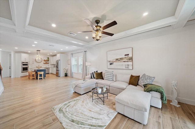 1876 Livingstone St, Sarasota, FL 34231 - living room featuring beam ceiling, recessed lighting, a ceiling fan, light wood-style floors, and coffered ceiling