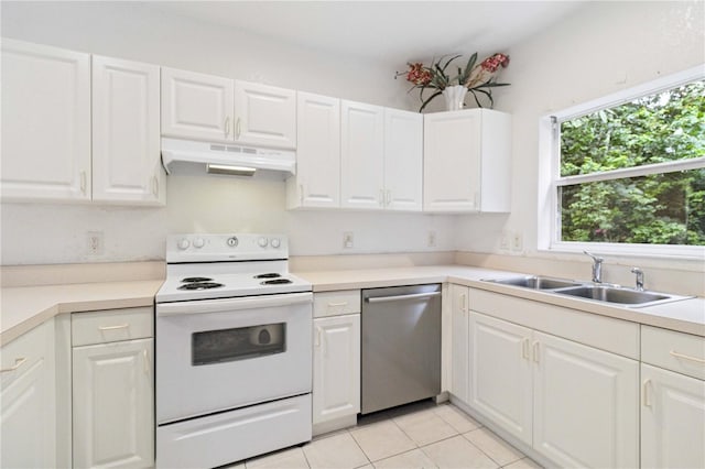 2303 28th Ave E, Palmetto, FL 34221 - kitchen with white electric stove, dishwasher, under cabinet range hood, and white cabinets