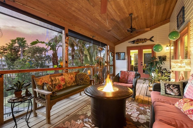 701 Marbury Ln, Longboat Key, FL 34228 - sunroom / solarium featuring french doors, wooden ceiling, hardwood / wood-style floors, vaulted ceiling, and wooden walls