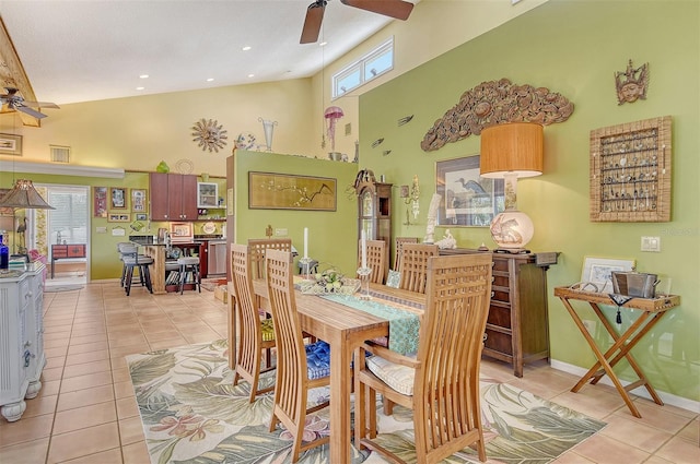 701 Marbury Ln, Longboat Key, FL 34228 - dining area featuring ceiling fan, light tile patterned floors, a towering ceiling, and recessed lighting