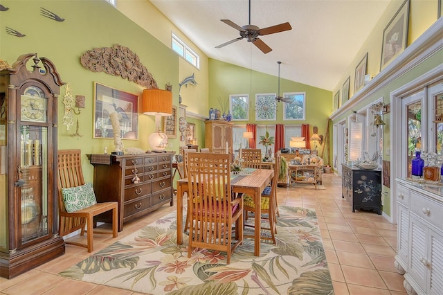 701 Marbury Ln, Longboat Key, FL 34228 - dining room with a ceiling fan, light tile patterned flooring, and high vaulted ceiling