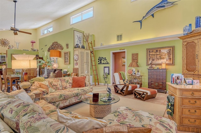 701 Marbury Ln, Longboat Key, FL 34228 - living room with a towering ceiling and a ceiling fan