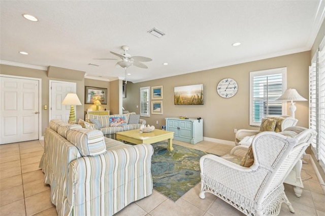 202 75th St, Holmes Beach, FL 34217 - living area with light tile patterned flooring, a ceiling fan, crown molding, and recessed lighting