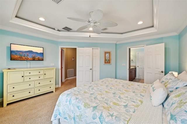 202 75th St, Holmes Beach, FL 34217 - bedroom with a raised ceiling, ornamental molding, recessed lighting, light colored carpet, and ceiling fan