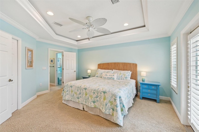 202 75th St, Holmes Beach, FL 34217 - carpeted bedroom with a raised ceiling, crown molding, recessed lighting, and ceiling fan