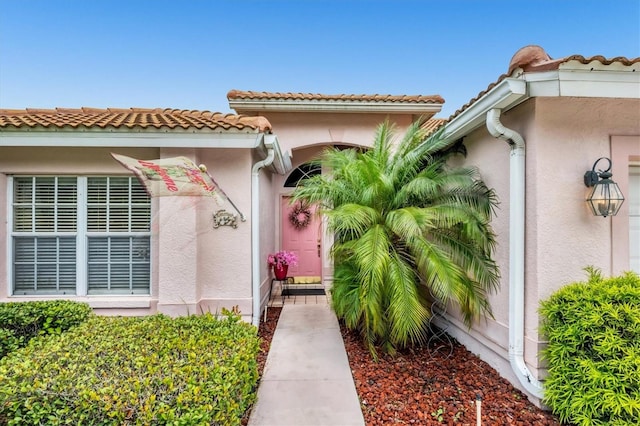 5766 Beaurivage Ave, Sarasota, FL 34243 - property entrance featuring stucco siding and a tiled roof