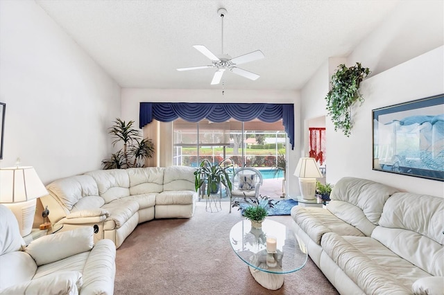 5766 Beaurivage Ave, Sarasota, FL 34243 - carpeted living area with a ceiling fan and a textured ceiling