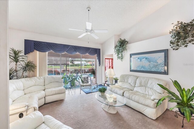 5766 Beaurivage Ave, Sarasota, FL 34243 - living room featuring carpet flooring, a ceiling fan, a textured ceiling, and vaulted ceiling
