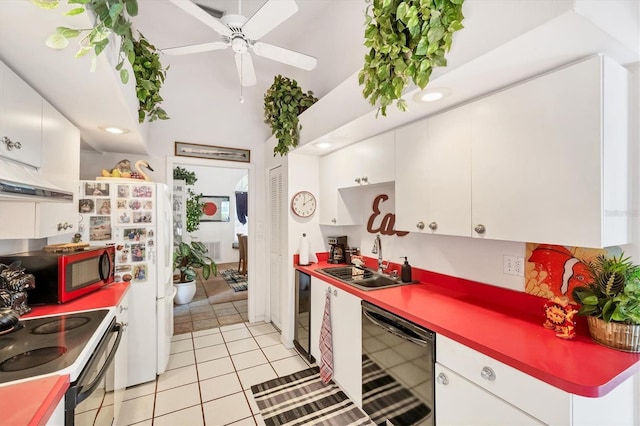 5766 Beaurivage Ave, Sarasota, FL 34243 - kitchen with dishwasher, stainless steel electric range oven, white cabinets, light tile patterned flooring, and ceiling fan