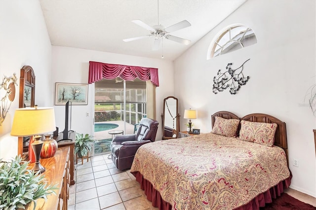 5766 Beaurivage Ave, Sarasota, FL 34243 - bedroom with access to outside, multiple windows, light tile patterned flooring, a ceiling fan, and high vaulted ceiling