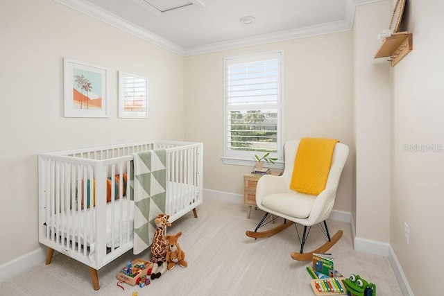 12017 Cranston Way, Bradenton, FL 34211 - bedroom featuring crown molding, a crib, and carpet floors