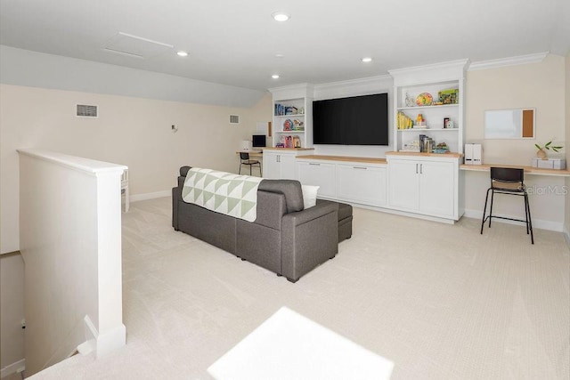 12017 Cranston Way, Bradenton, FL 34211 - living area featuring light carpet, recessed lighting, a desk, and ornamental molding