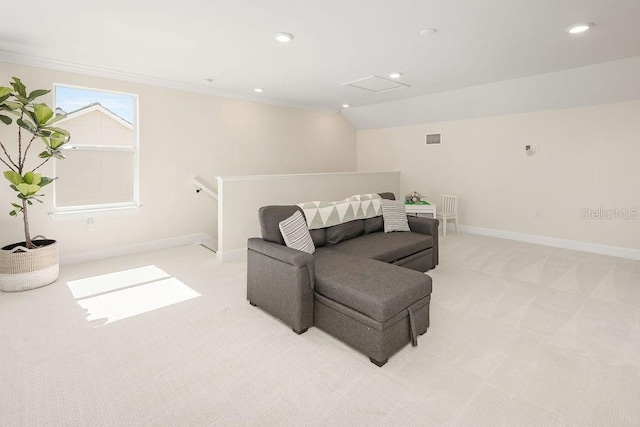 12017 Cranston Way, Bradenton, FL 34211 - sitting room with light colored carpet, attic access, recessed lighting, and vaulted ceiling