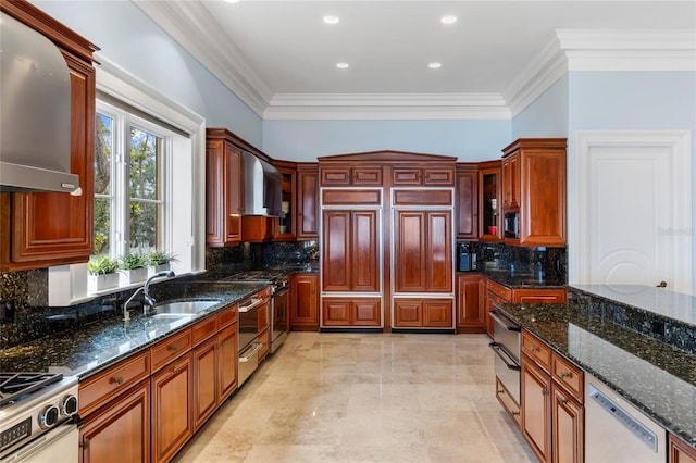 309 Ringling Point Dr, Sarasota, FL 34234 - kitchen featuring decorative backsplash, stainless steel appliances, ornamental molding, extractor fan, and dark stone counters