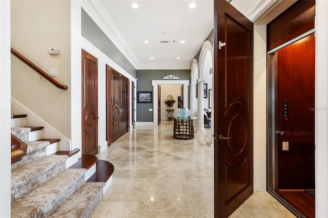 309 Ringling Point Dr, Sarasota, FL 34234 - hall with light marble finish flooring, stairs, ornamental molding, and recessed lighting