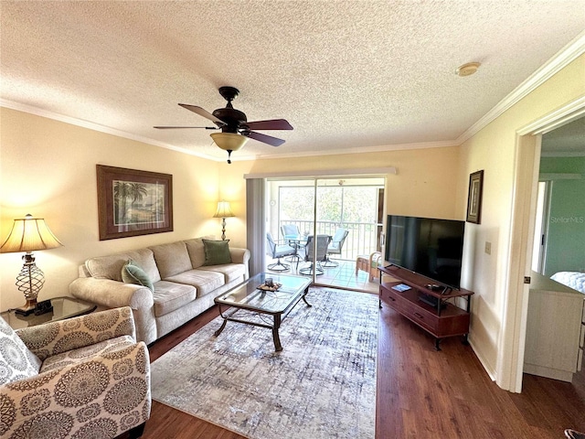 6505 Stone River Rd Unit 309, Bradenton, FL 34203 - living area with wood finished floors, a textured ceiling, a ceiling fan, and ornamental molding