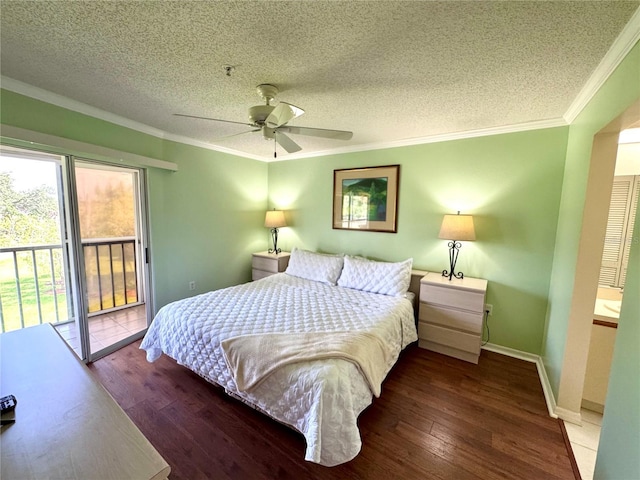 6505 Stone River Rd Unit 309, Bradenton, FL 34203 - bedroom featuring access to exterior, wood finished floors, a textured ceiling, ornamental molding, and a ceiling fan