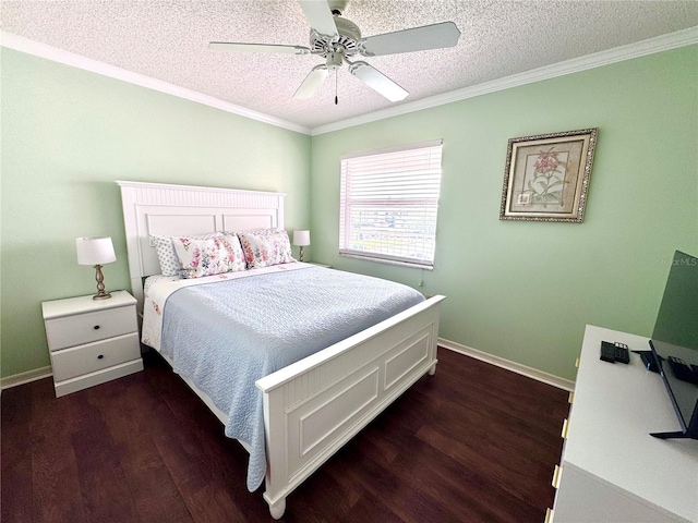 6505 Stone River Rd Unit 309, Bradenton, FL 34203 - bedroom with a textured ceiling, dark wood-style floors, ornamental molding, and ceiling fan