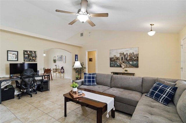 4649 72nd Ct E, Bradenton, FL 34203 - living area featuring a desk, ceiling fan, light tile patterned floors, vaulted ceiling, and arched walkways