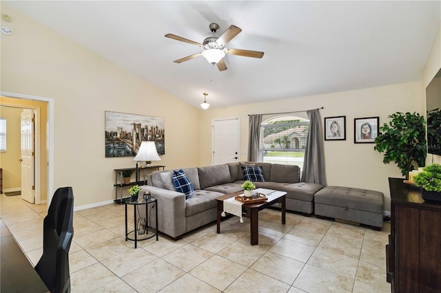 4649 72nd Ct E, Bradenton, FL 34203 - living area with vaulted ceiling, ceiling fan, and light tile patterned flooring